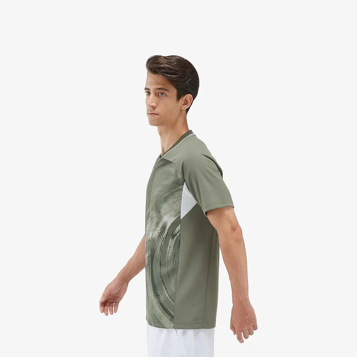 Yonex Men's Crew Neck Shirt in light olive polyester with a crew neckline, abstract tonal front print and white side panel