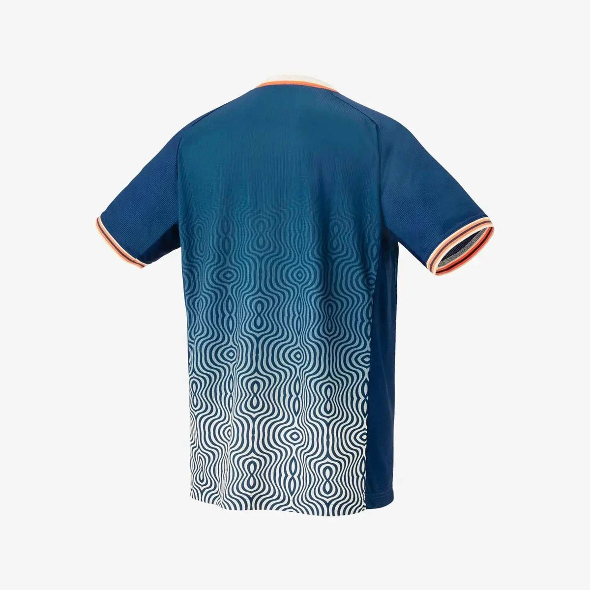 Yonex Men's Crew Neck Shirt in navy polyester, shown from the back with a white wavy gradient pattern and orange trim.