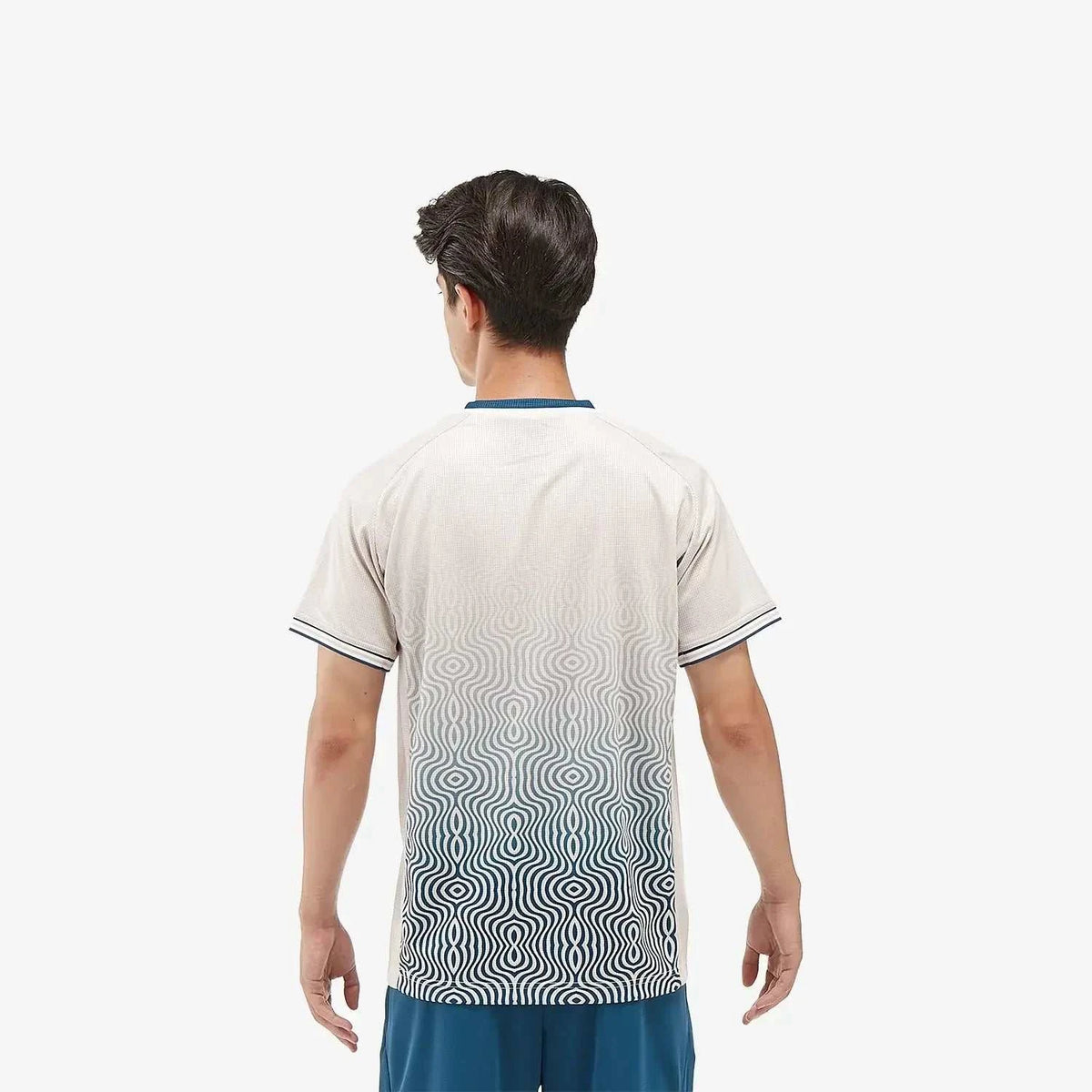 Yonex Men's Crew Neck Shirt in oatmeal polyester, with a navy wave pattern fading up the back and striped sleeve trim