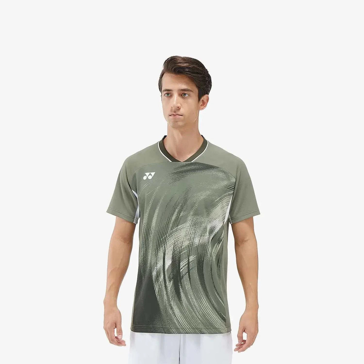 Yonex Men's Crew Neck Shirt in muted olive polyester with a dark abstract swirl pattern and contrasting neckline