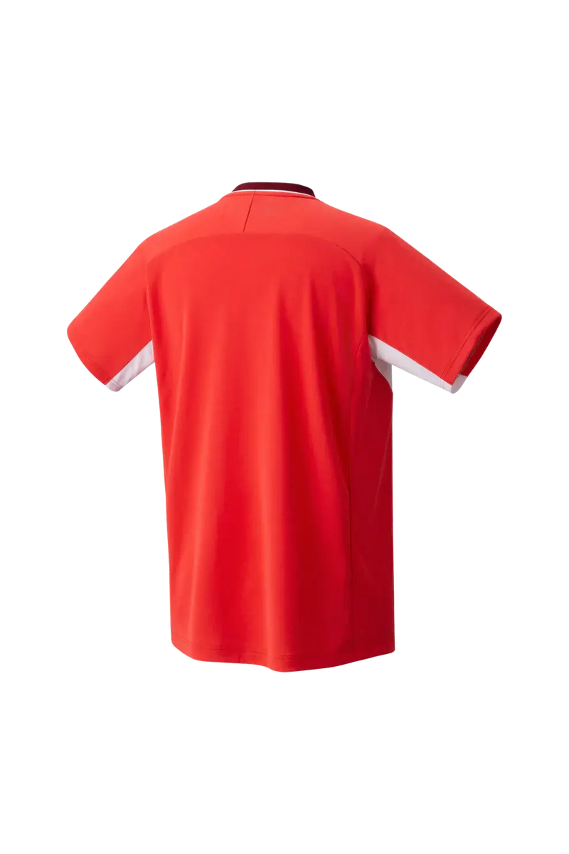Yonex Men's Crew Neck Shirt in pearl red polyester, shown from the back with short sleeves and white sleeve accents