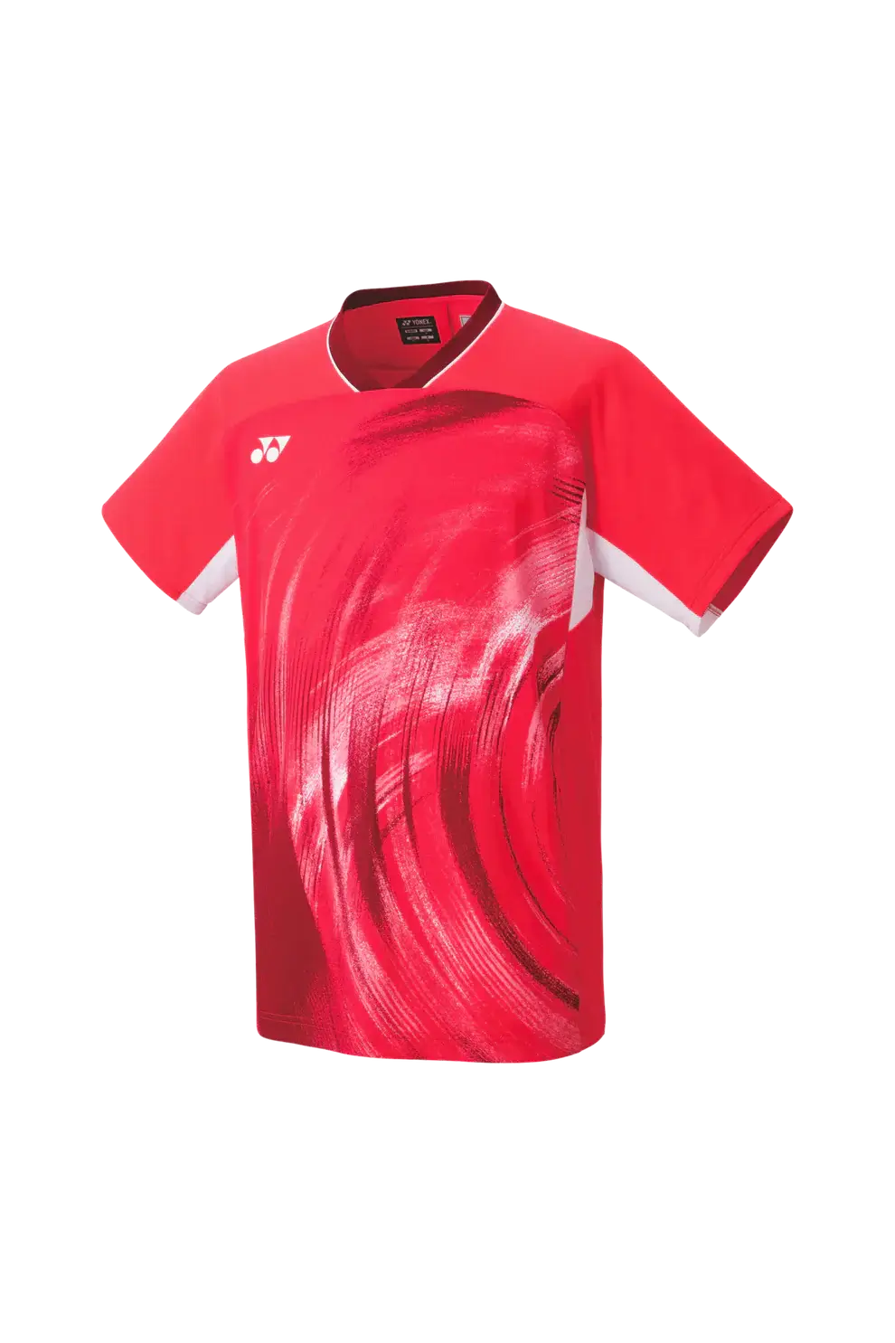 Yonex Men's Crew Neck Shirt in pearl red polyester with a white abstract brushstroke pattern and V-neckline