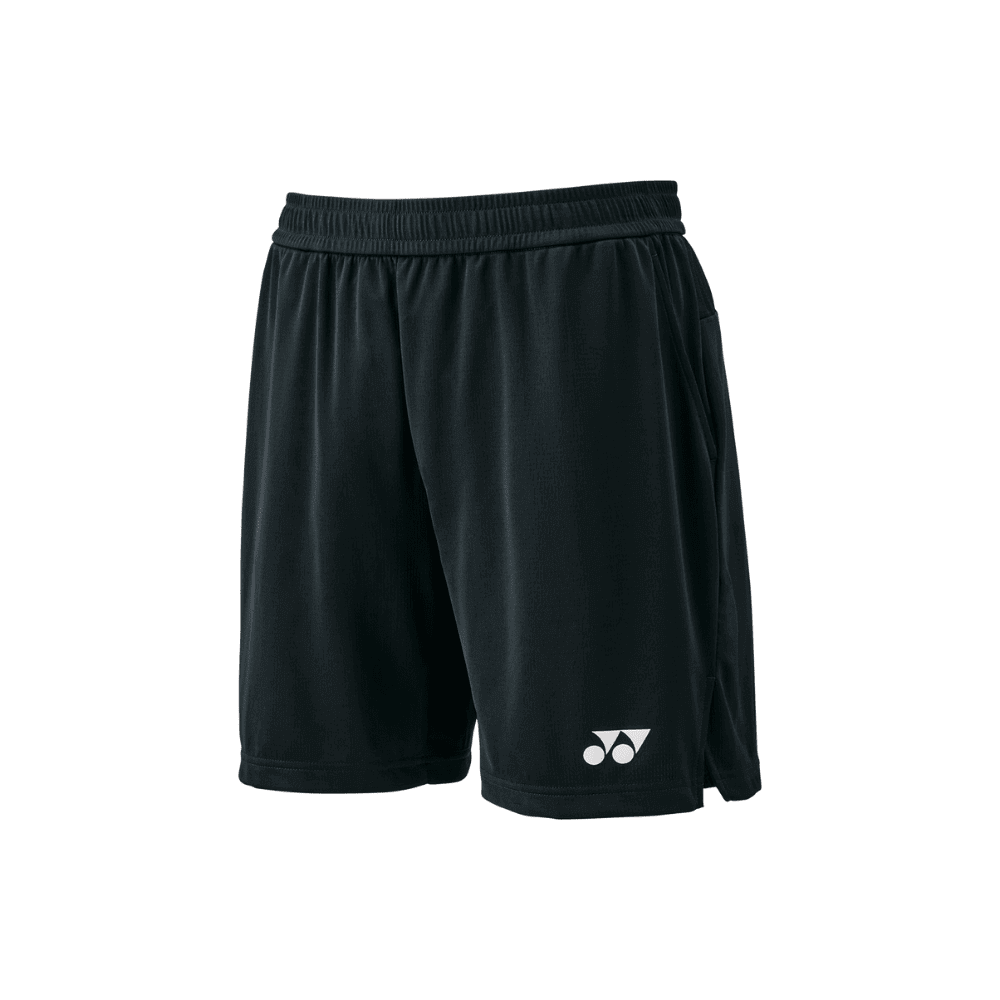 Yonex Men's Badminton Knit Shorts in black polyester knit, featuring a gathered elastic waistband and white Yonex logo.