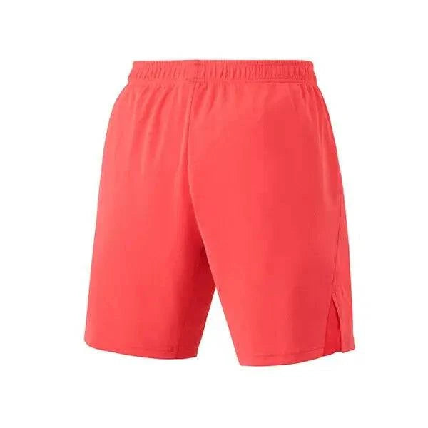 Yonex Men's Badminton Knit Shorts in bright coral red polyester, with an elastic waistband and split side hems