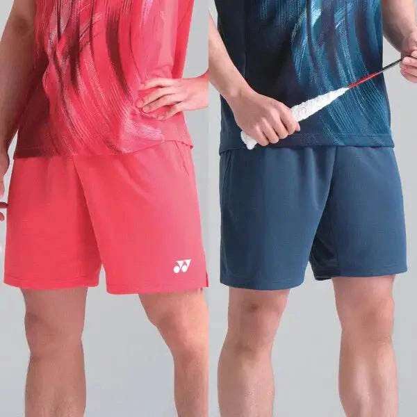 Yonex Men's Badminton Knit Shorts in red and navy blue, lightweight polyester with smooth solid-color fabric and logo