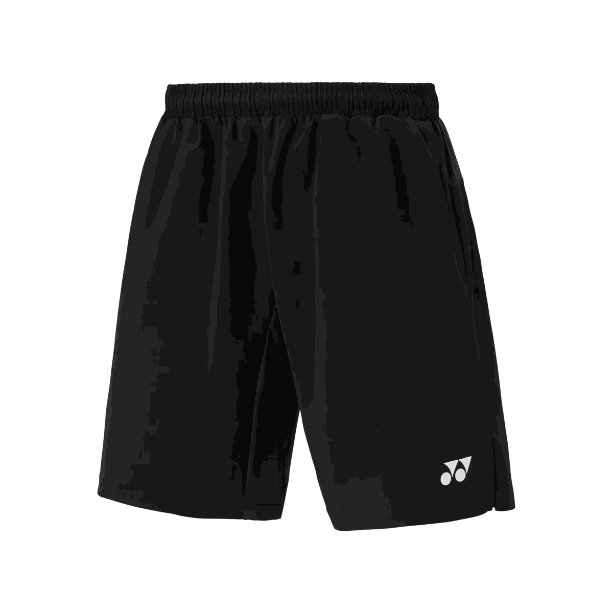 Yonex Men's Badminton Shorts in black polyester blend with an elastic waistband and white Yonex logo