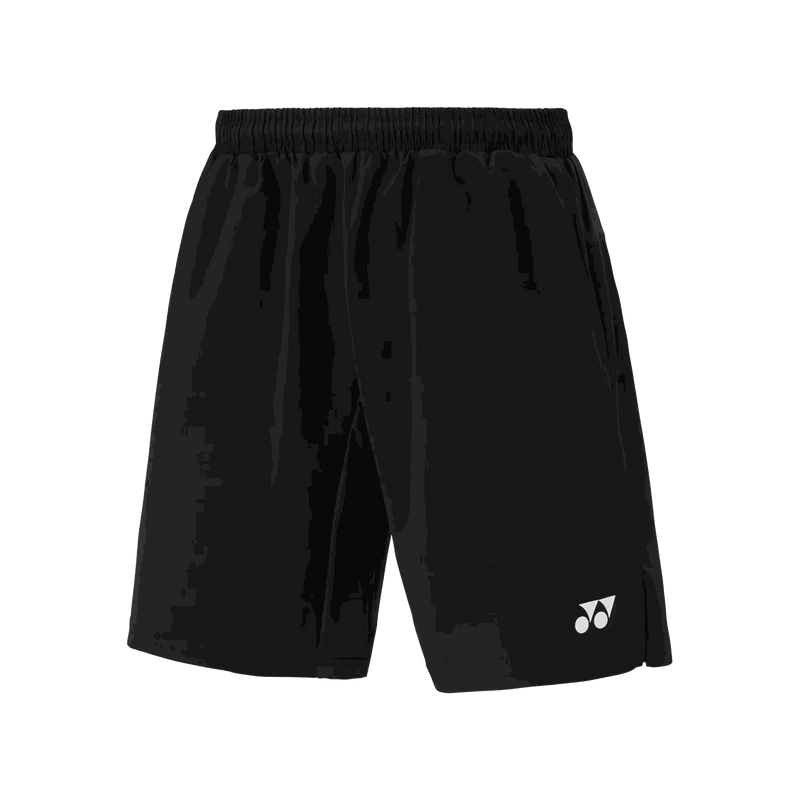 Yonex Men's Badminton Shorts in black polyester blend with an elastic waistband and white Yonex logo