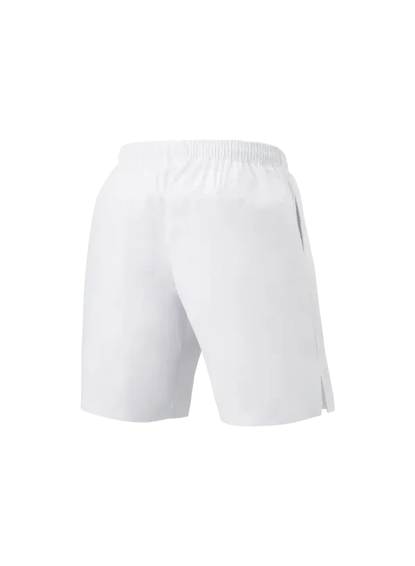 Yonex Men's Badminton Shorts in plain white polyester blend with an elastic waistband and simple straight-leg design
