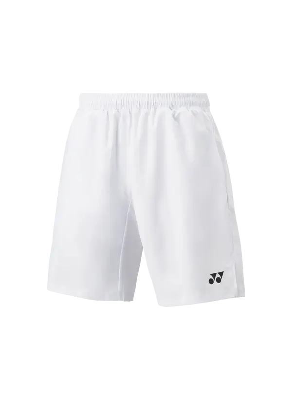 Yonex Men's Badminton Shorts in plain white, with an elastic waistband, loose fit and small black logo