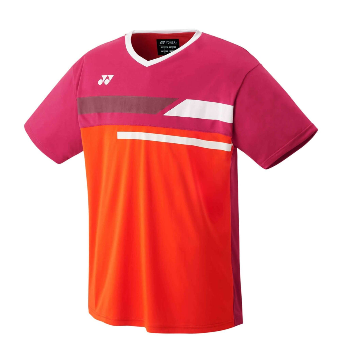 Yonex Men's Crew badminton shirt in polyester with magenta sleeves, a red-orange body and contrasting geometric chest stripes
