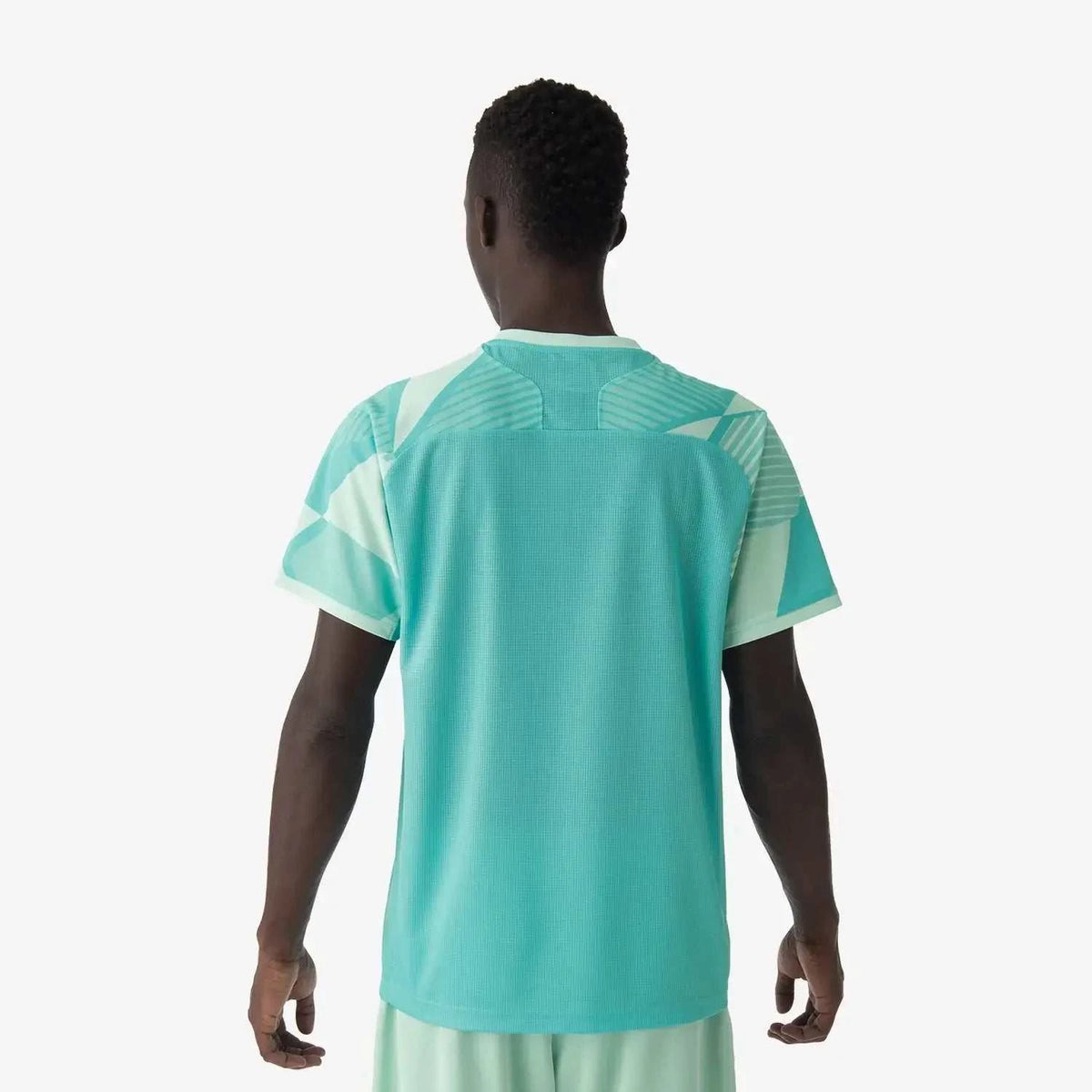 Yonex Men's Crew Neck in clear mint polyester, shown from the back with pale geometric shoulder panels and short sleeves