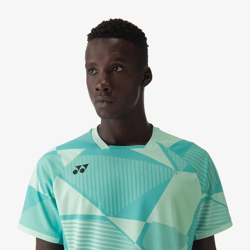 Yonex Men's Crew Neck shirt in mint with geometric teal and pale aqua panels, striped detailing, and short sleeves