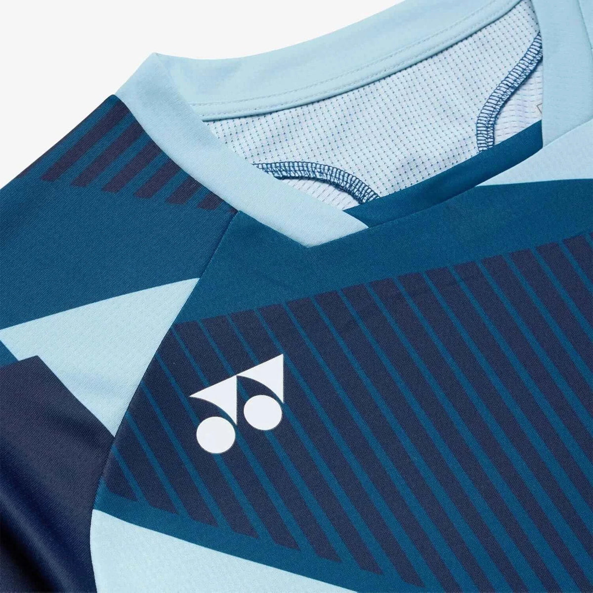 Yonex Men's Crew Neck Shirt in dark teal polyester with diagonal navy geometric stripes and a pale blue crew neckline