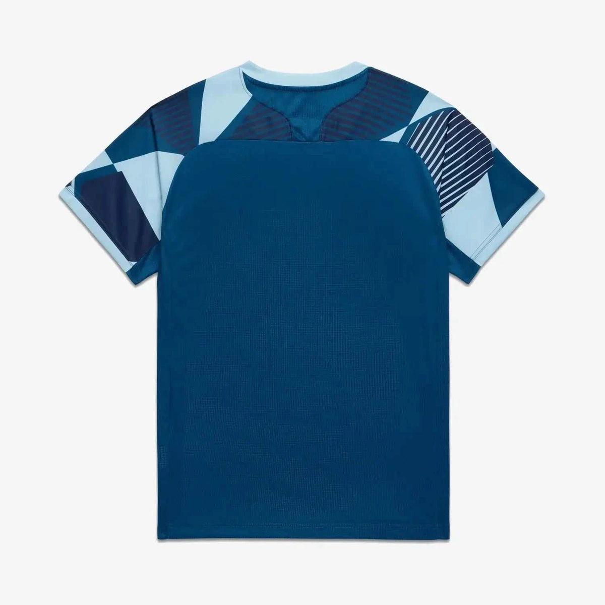 Yonex Men's Crew Neck Shirt in deep blue polyester with pale blue geometric patterned sleeves and crew neckline