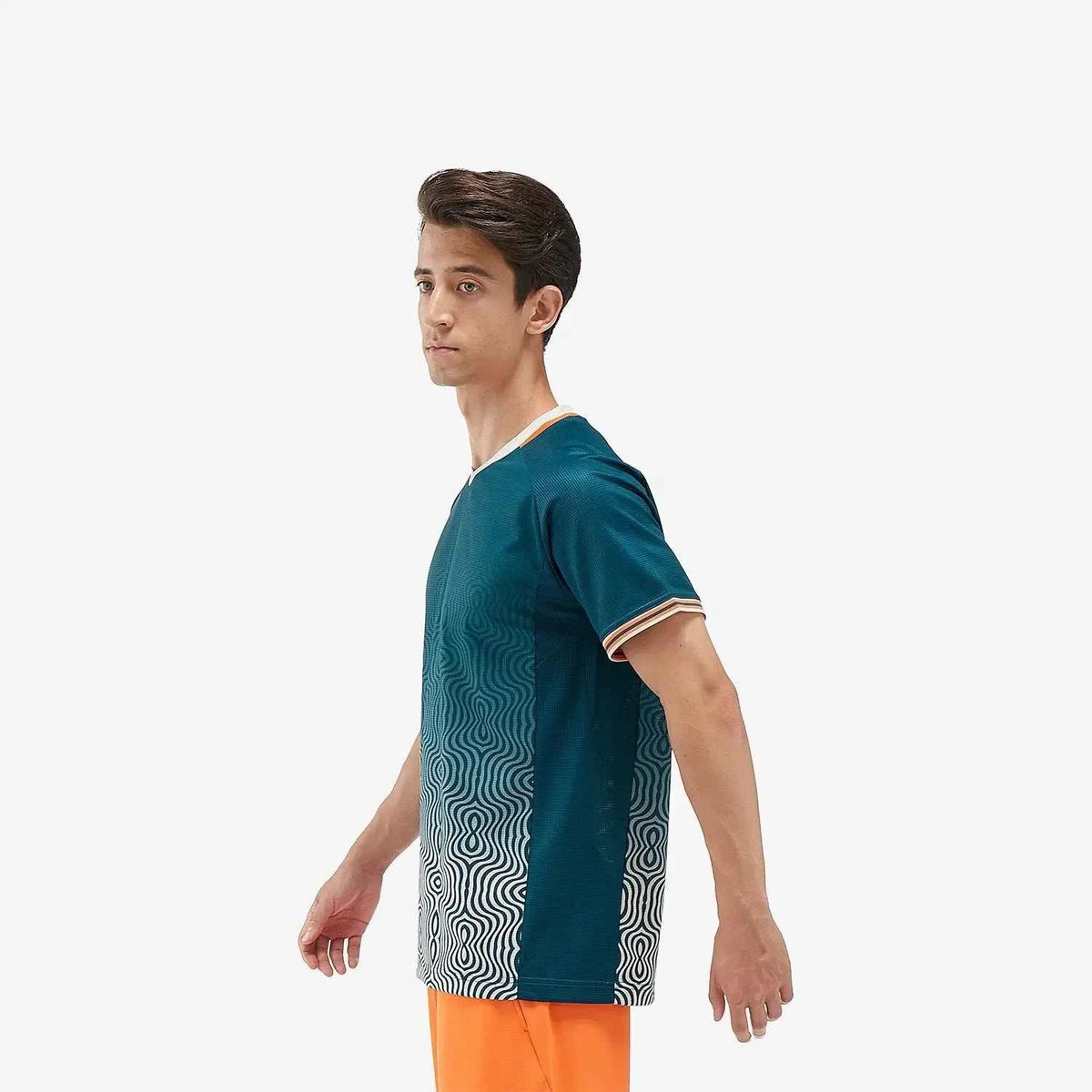 Yonex Men's Crew Neck Shirt in deep teal polyester, with a white wavy gradient pattern and orange-trimmed collar and cuffs