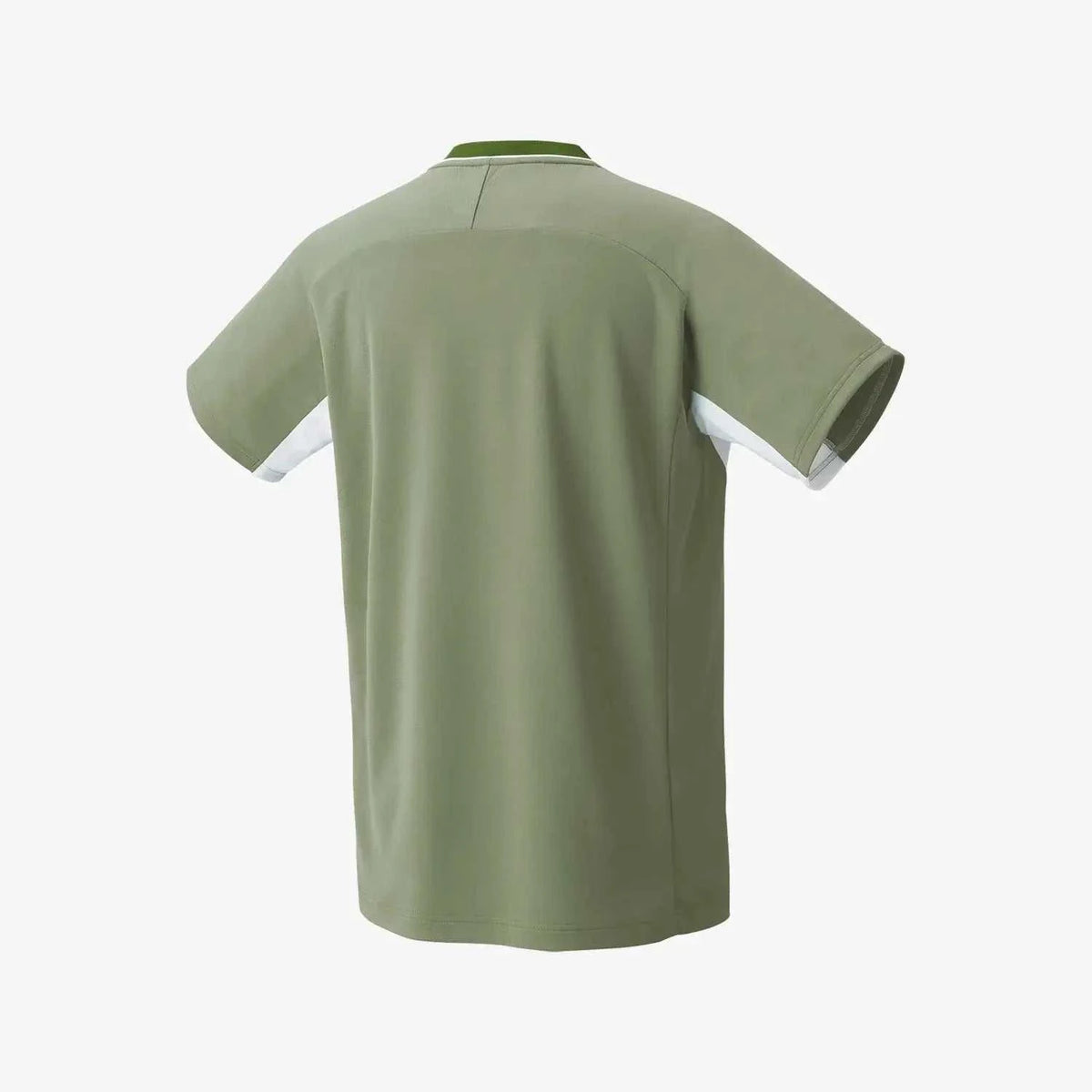 Yonex Men's Crew Neck Shirt in muted olive polyester, shown from the back with short sleeves and white underarm panels
