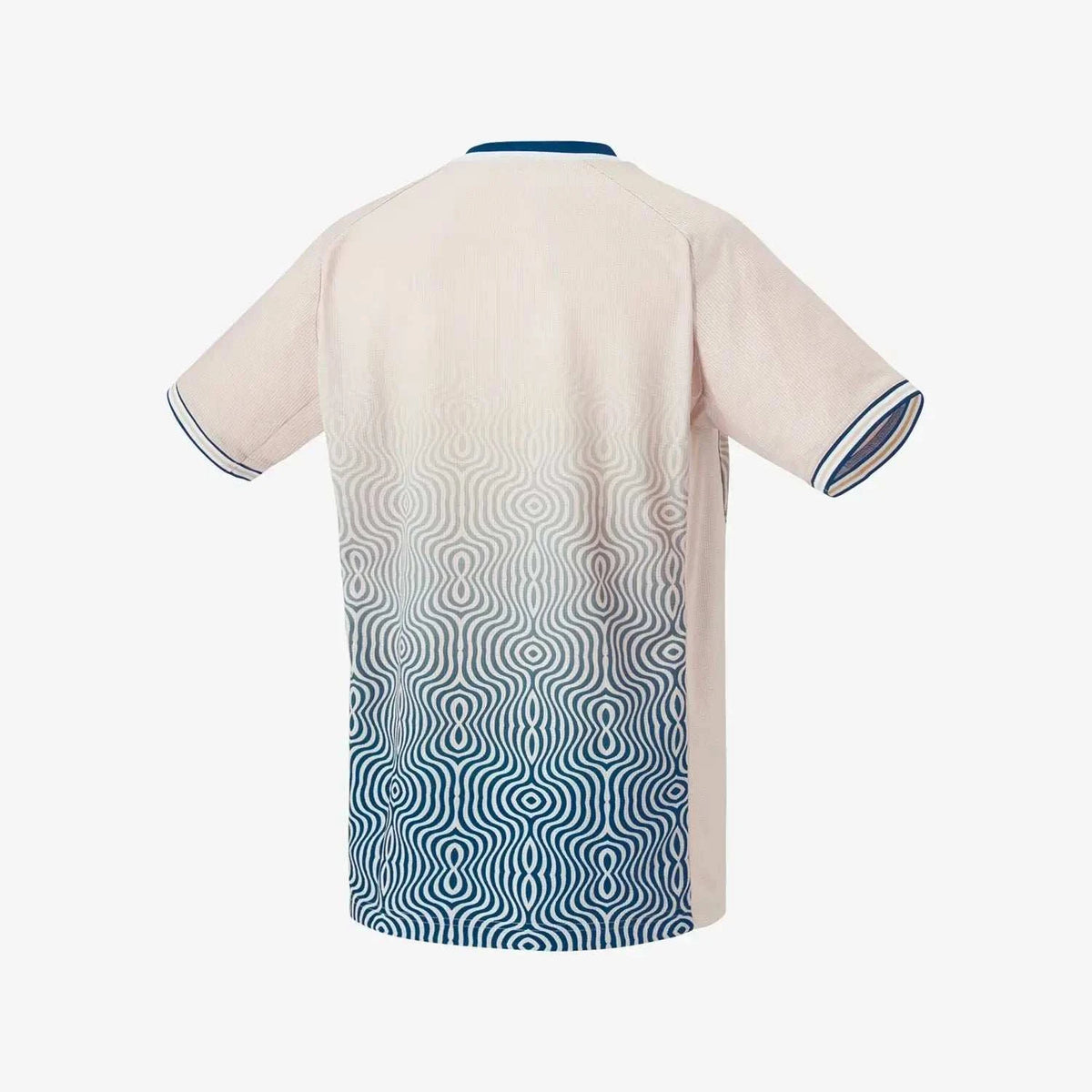 Yonex Men's Crew Neck Shirt in oatmeal polyester, with a blue wave pattern fading up from the hem and striped trim