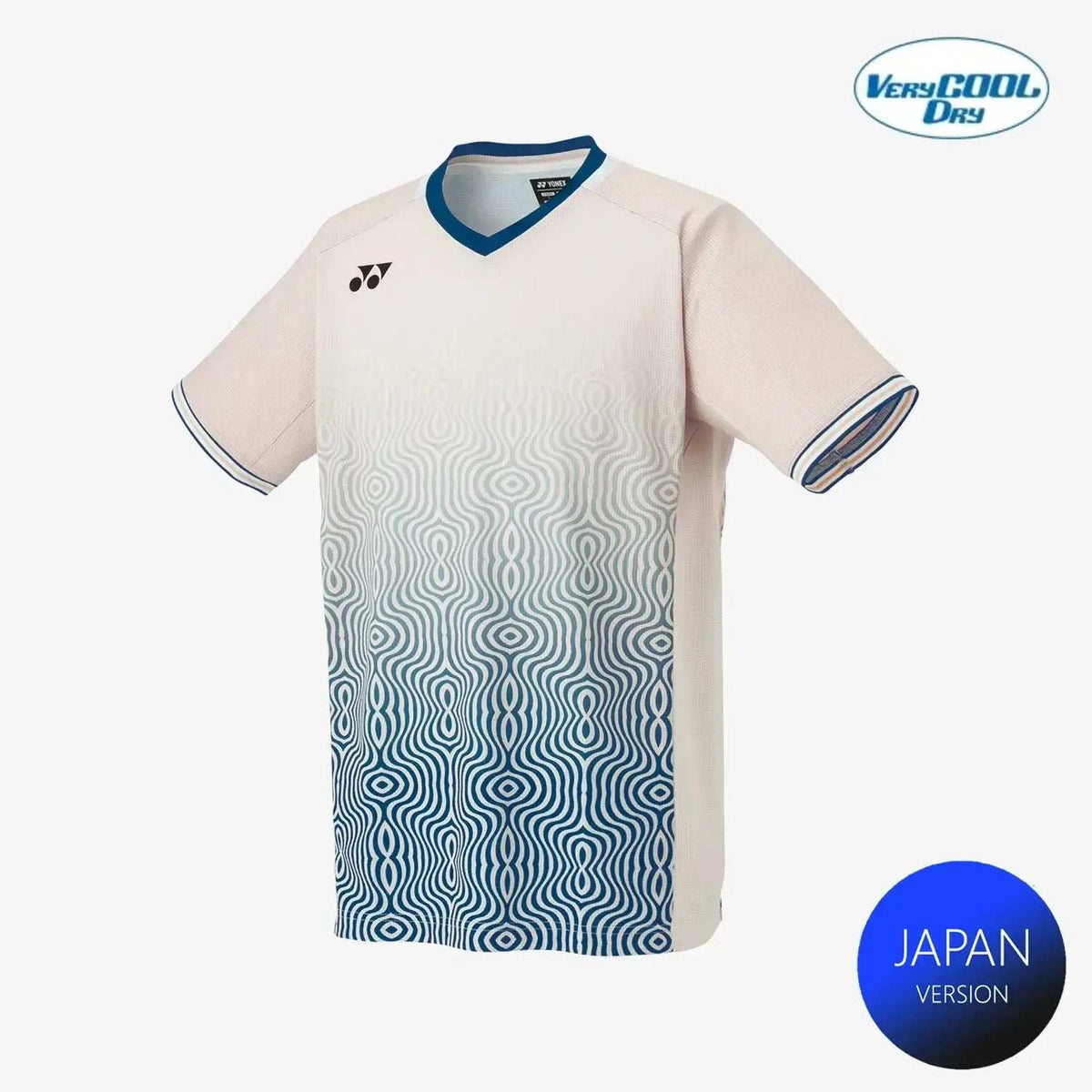 Yonex Men's Crew Neck Shirt in oatmeal polyester with a blue gradient wave pattern, V-neck and striped sleeve trim