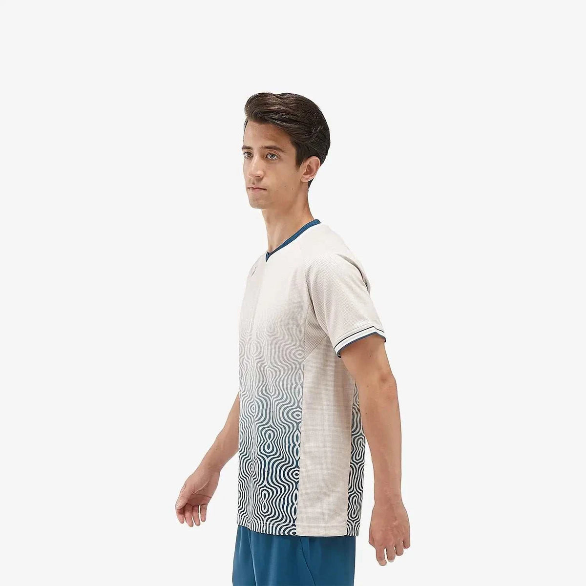 Yonex Men's Crew Neck Shirt in oatmeal polyester with a blue and white wave pattern panel and navy trim