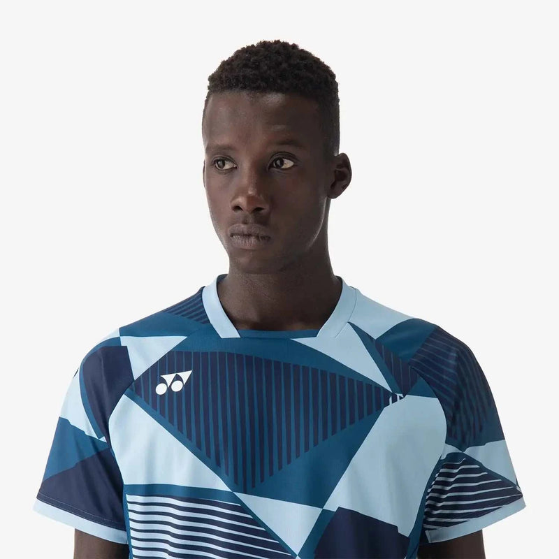 Yonex Men's Crew Neck Shirt in pale blue and navy polyester, with bold geometric color blocks and striped panels