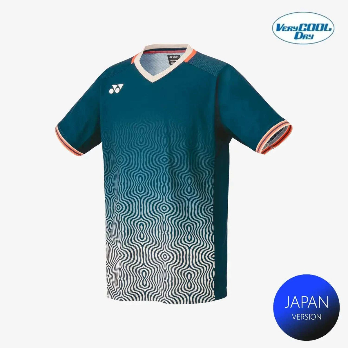 Yonex Men's Crew Neck Shirt in teal polyester with a white geometric wave fade, V-neck, and contrast trim