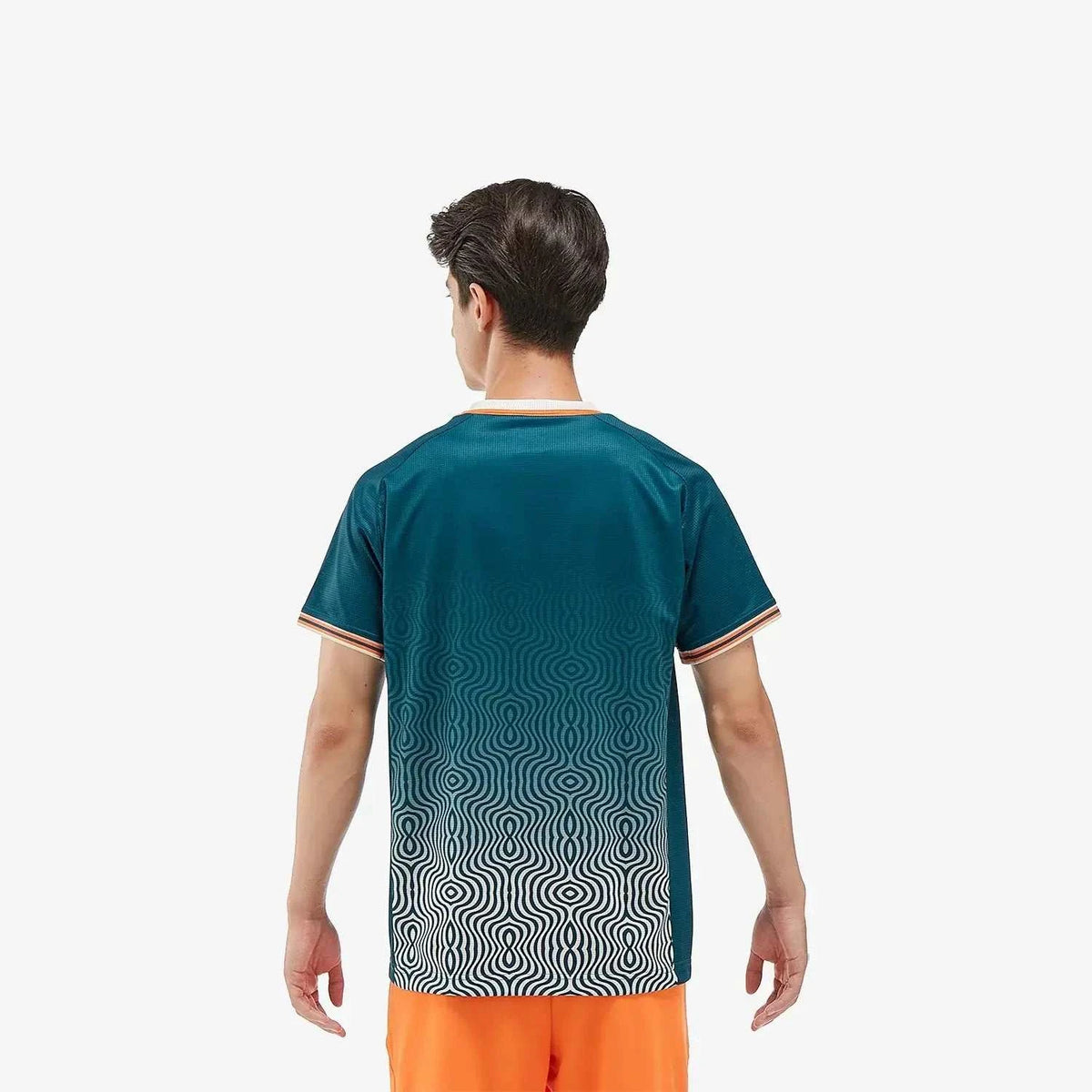 Yonex Men's Crew Neck Shirt in teal polyester, featuring a white geometric wave pattern fading across the back and orange trim.