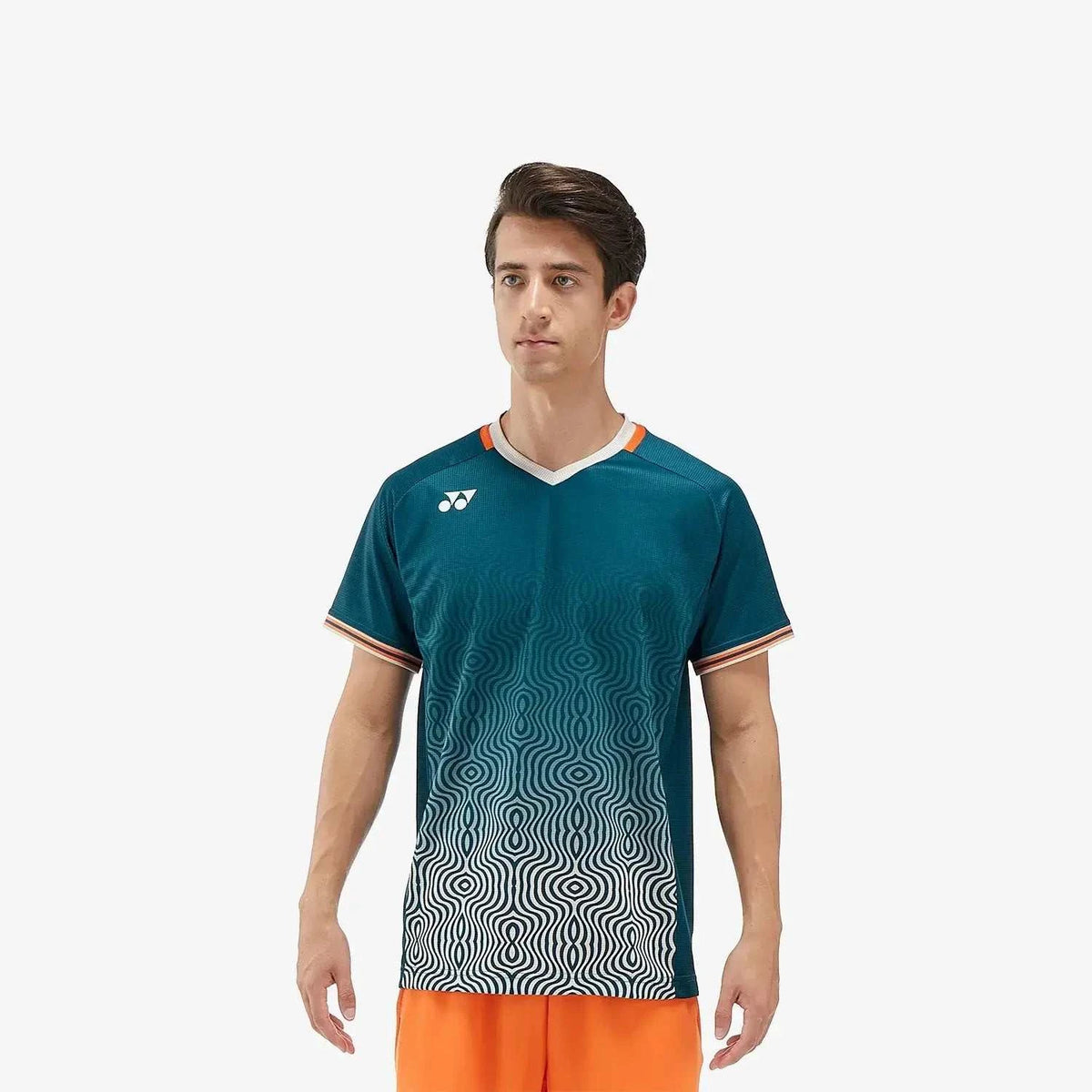 Yonex Men's Crew Neck Shirt in teal polyester with a white wave gradient pattern and orange-trimmed V neckline and cuffs.