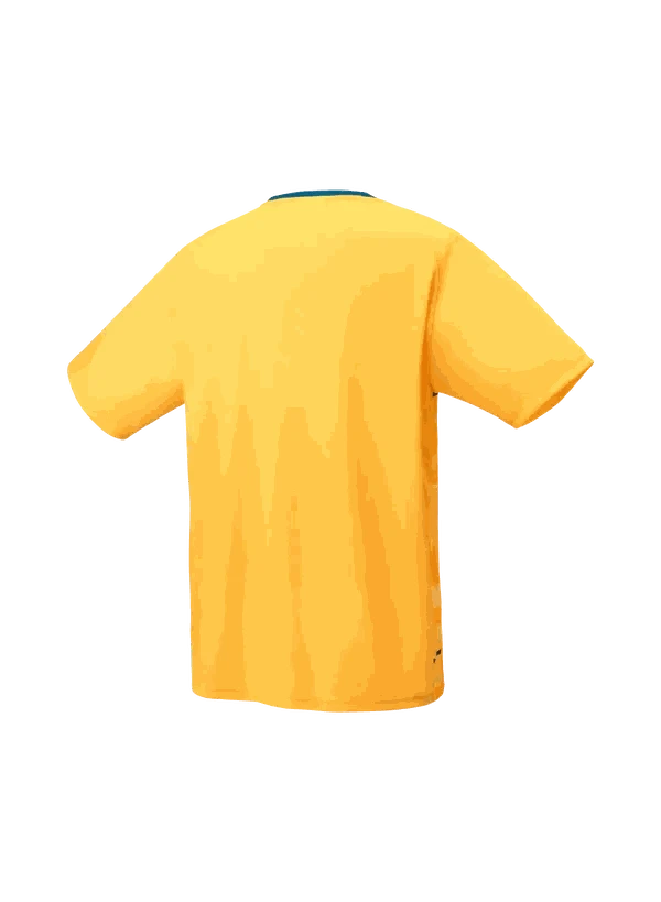 Yonex Men's Crew badminton shirt in bright yellow polyester, shown from the back with a blue-green collar