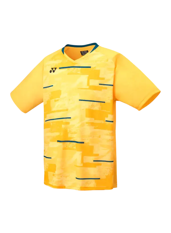 Yonex Men's Crew badminton shirt in bright yellow polyester with abstract geometric print, blue accents and V-neck