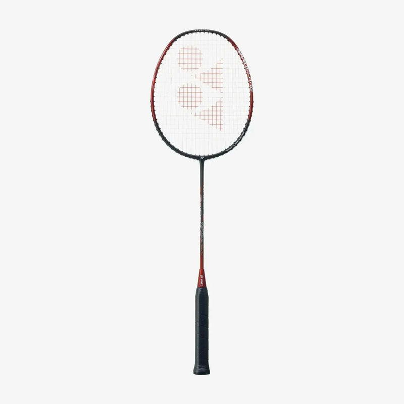 Yonex Nanoflare 001 Ability badminton racket with a black and red frame, white strings, and a dark wrapped grip