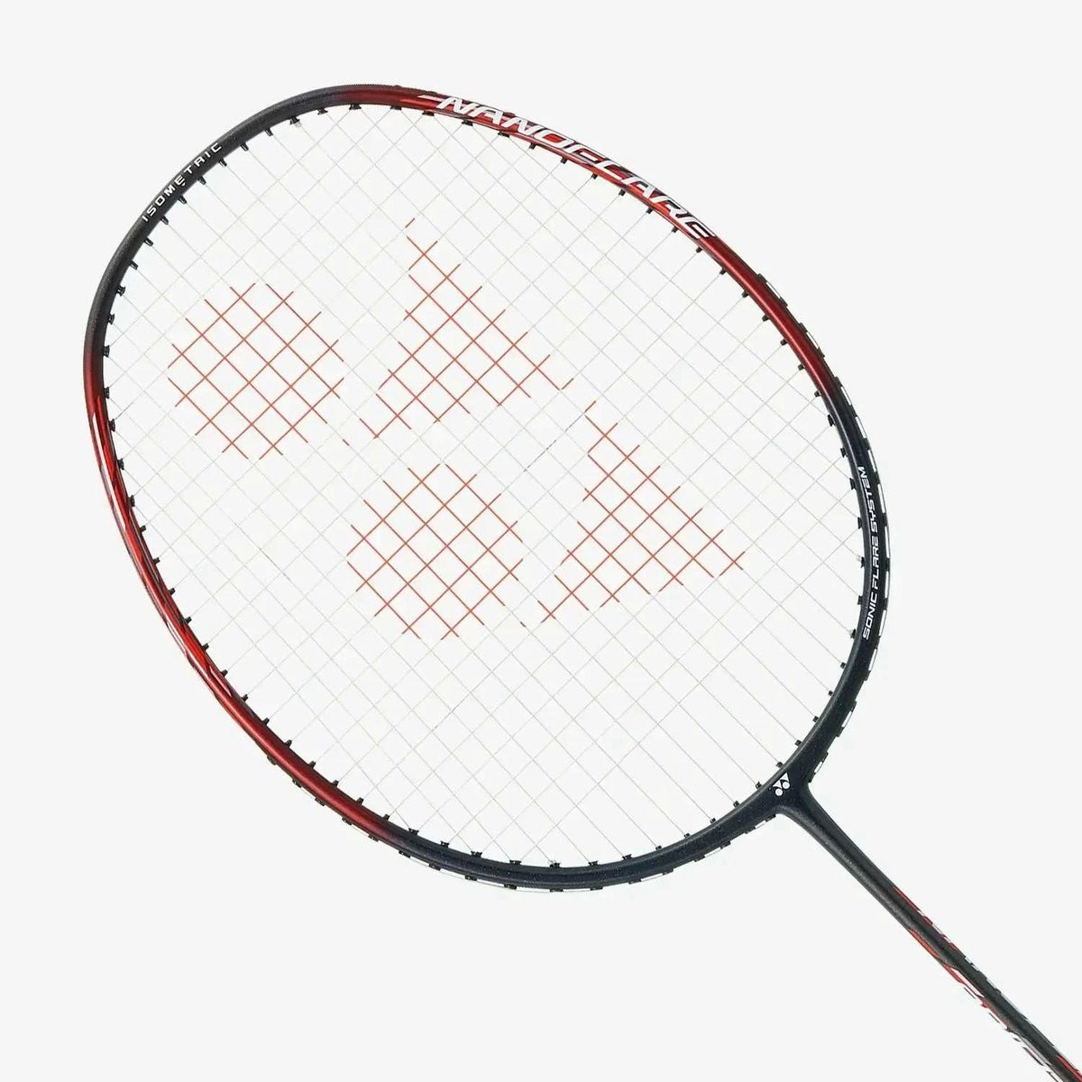 Yonex Nanoflare 001 Ability badminton racket with a black and red frame, white strings and red geometric accents