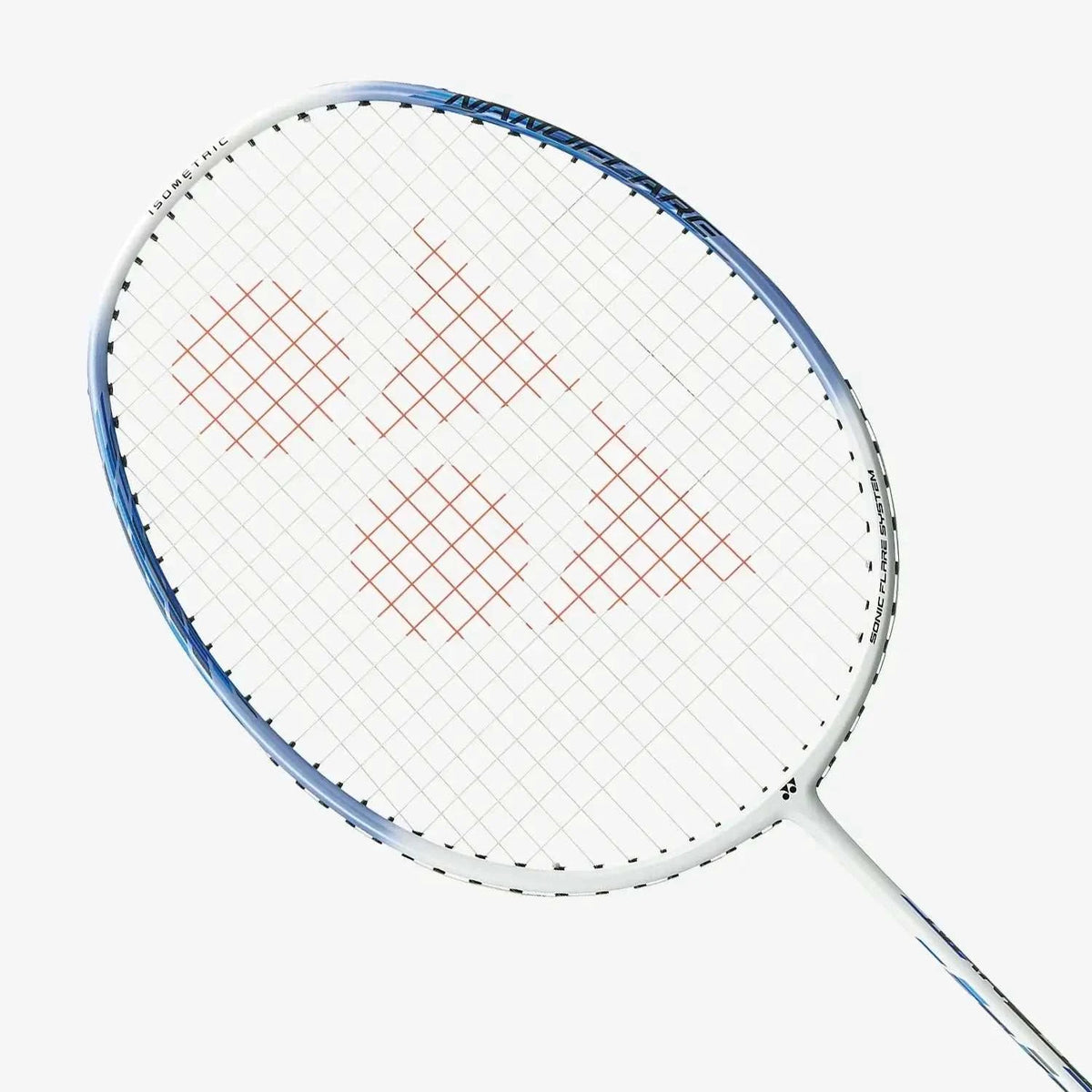 Yonex Nanoflare 001 Clear badminton racket with a blue and clear frame, white strings and orange geometric string pattern