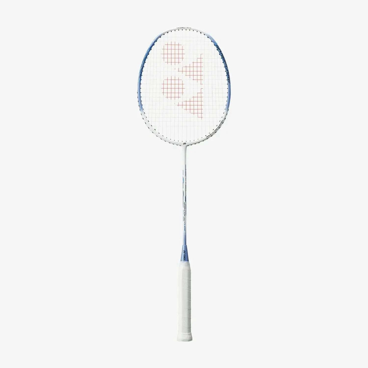 Yonex Nanoflare 001 Clear badminton racket with a white grip, blue frame accents and red string pattern