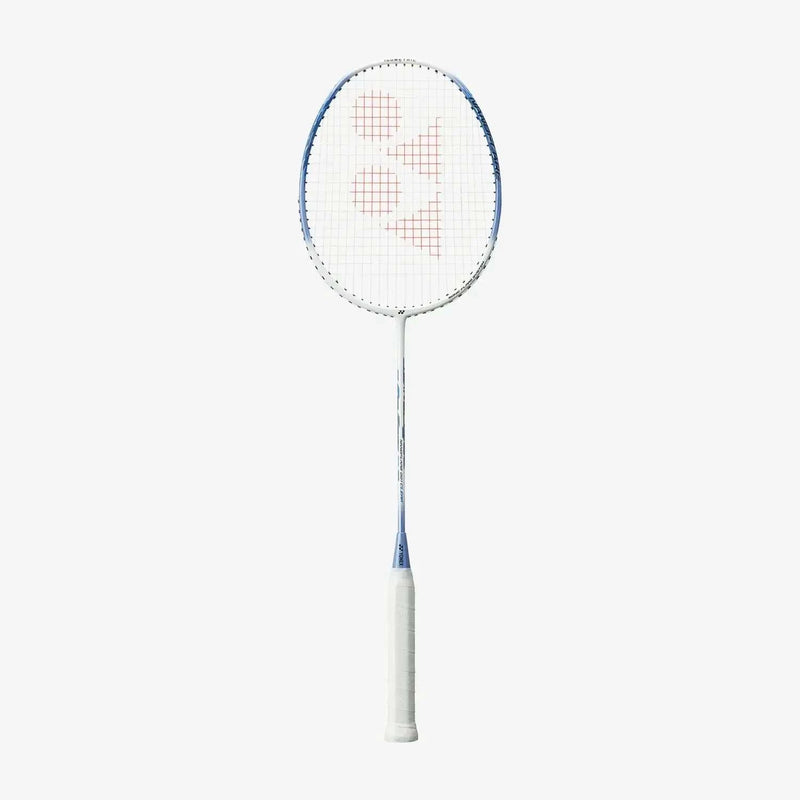Yonex Nanoflare 001 Clear badminton racket with a white grip, blue frame accents and red string pattern