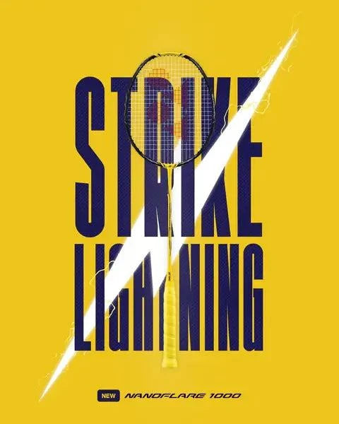 Yonex Nanoflare 1000 Play badminton racket with a yellow frame and dark string bed, shown on yellow graphic packaging