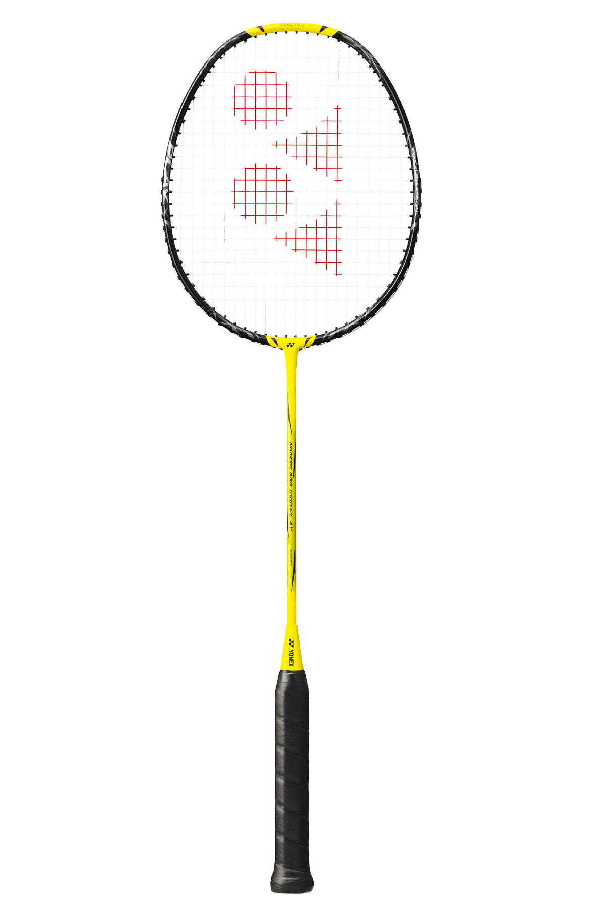 Yonex Nanoflare 1000 Play badminton racket with a bright yellow frame and shaft, black grip, and red string pattern