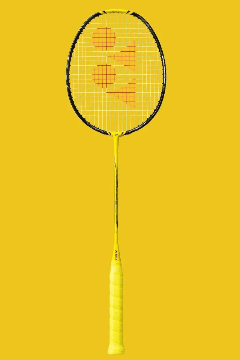 Yonex Nanoflare 1000 Z badminton racket with a bright yellow frame and grip, black rim, and yellow strings
