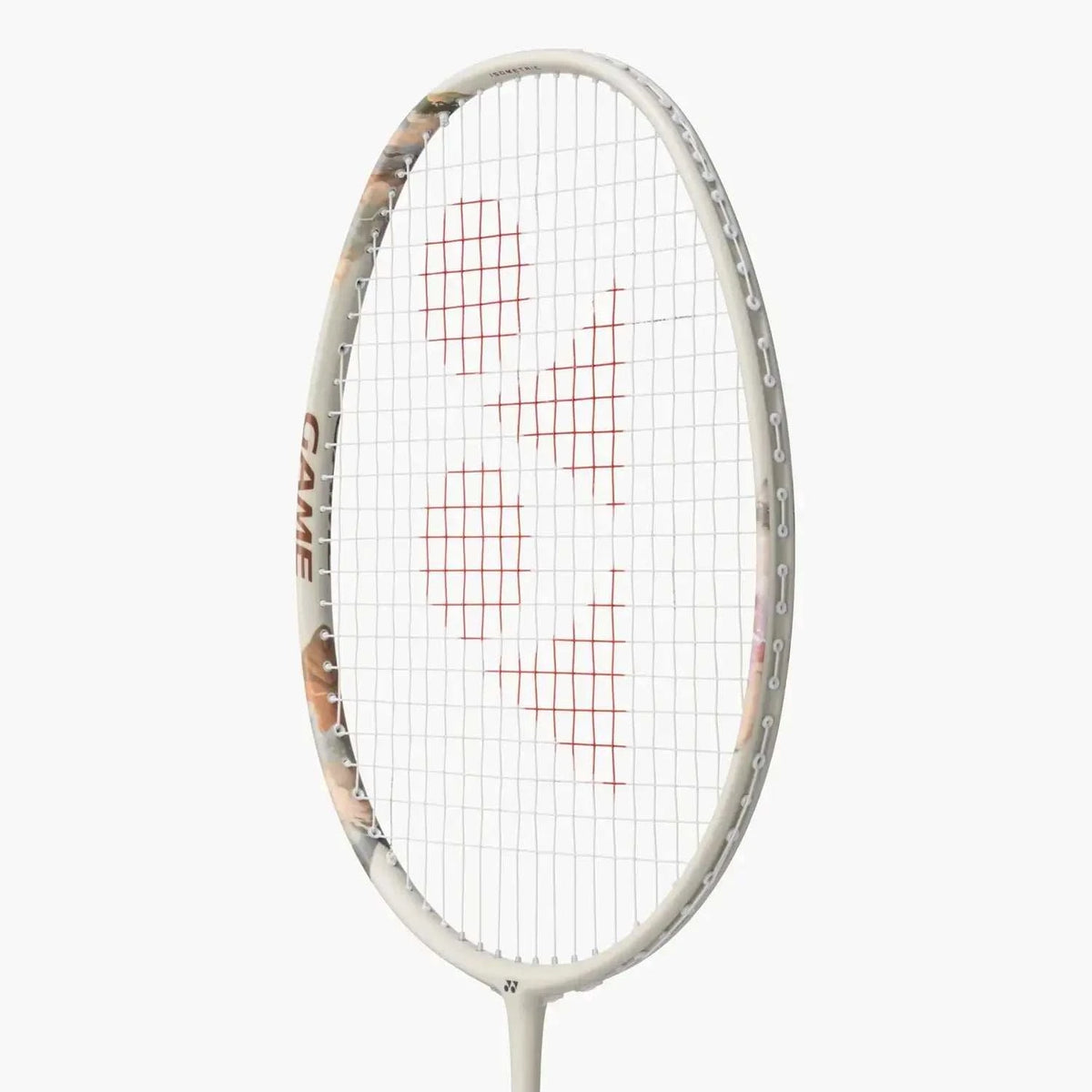 Yonex Nanoflare 700 Game badminton racket with a light beige frame, white strings and red string markings