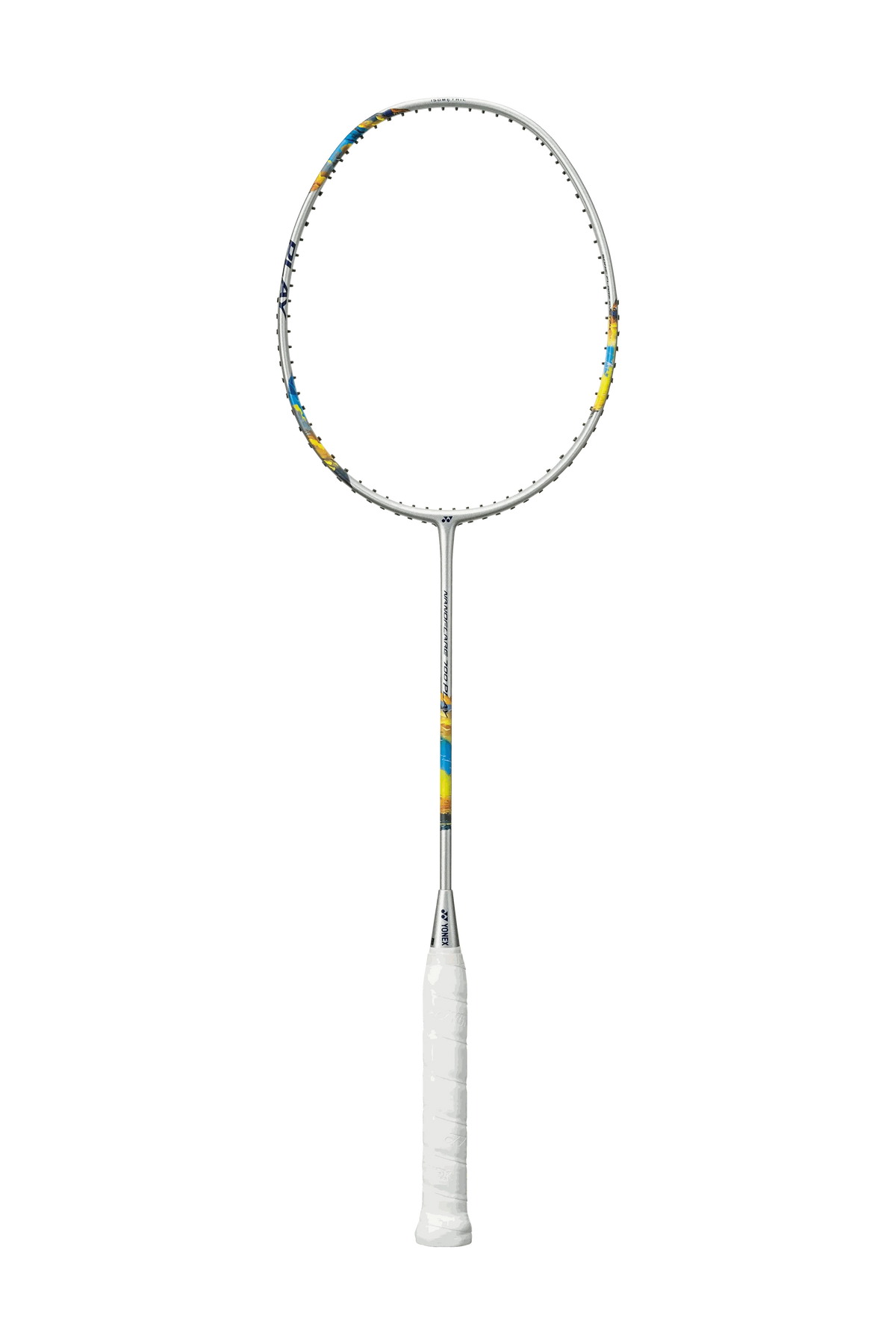 Yonex Nanoflare 700 Play badminton racket with a white grip, silver frame and blue and yellow accents