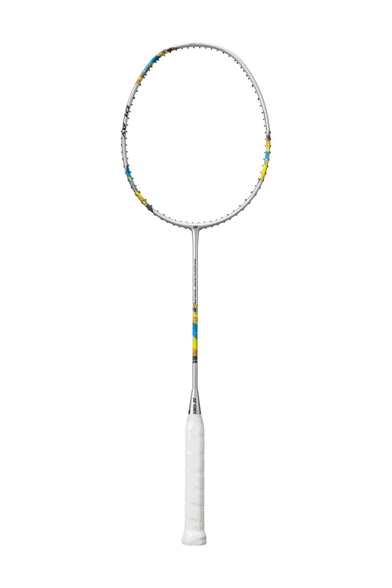 Yonex Nanoflare 700 Play badminton racket with a white grip, silver frame and blue and yellow accents