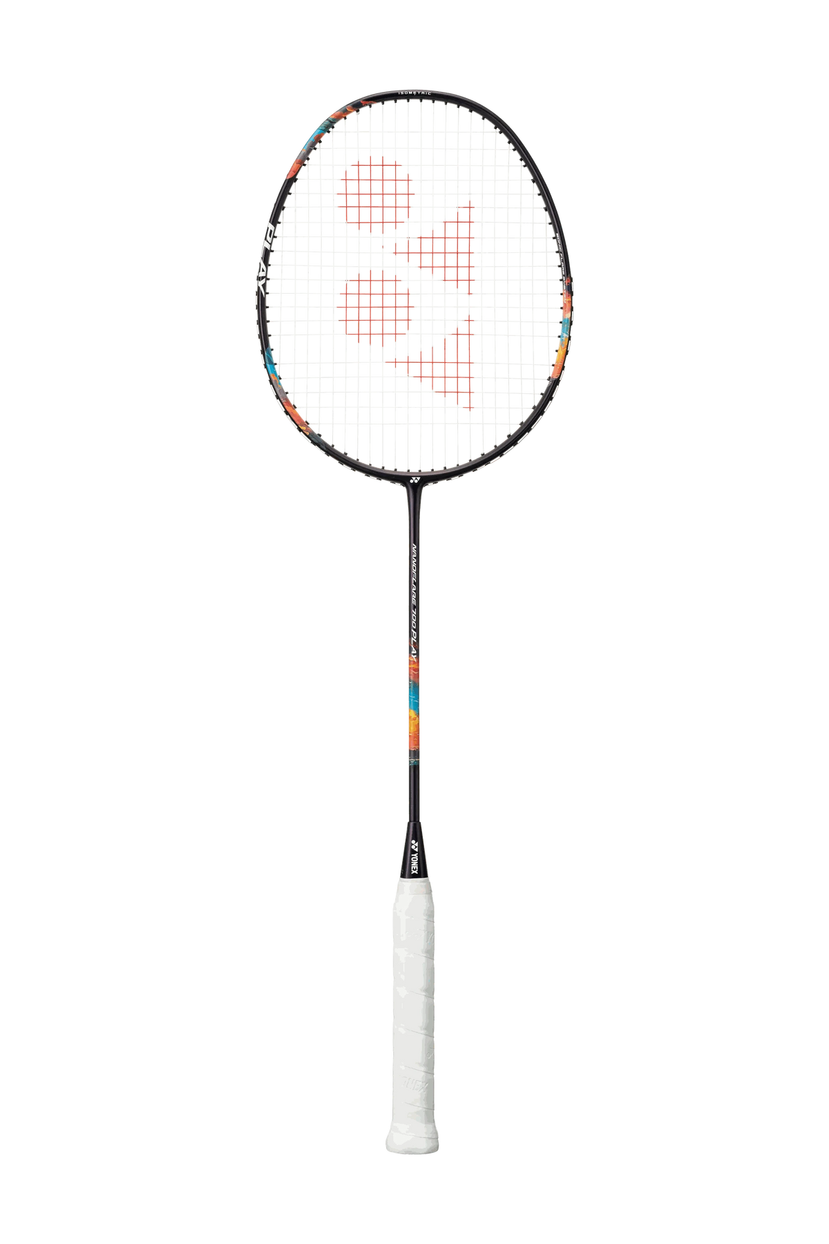 Yonex Nanoflare 700 Play badminton racket with a white string bed, red-orange frame accents and white grip