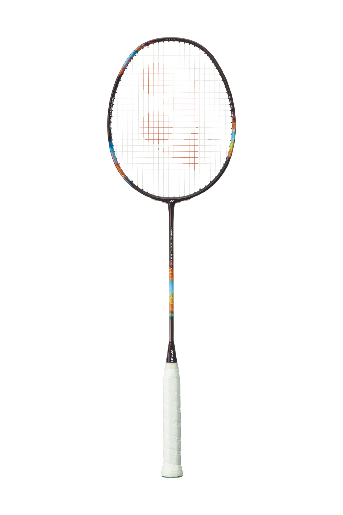 Yonex Nanoflare 700 Pro badminton racket with a white string bed, orange Yonex logo, dark frame and multicoloured shaft