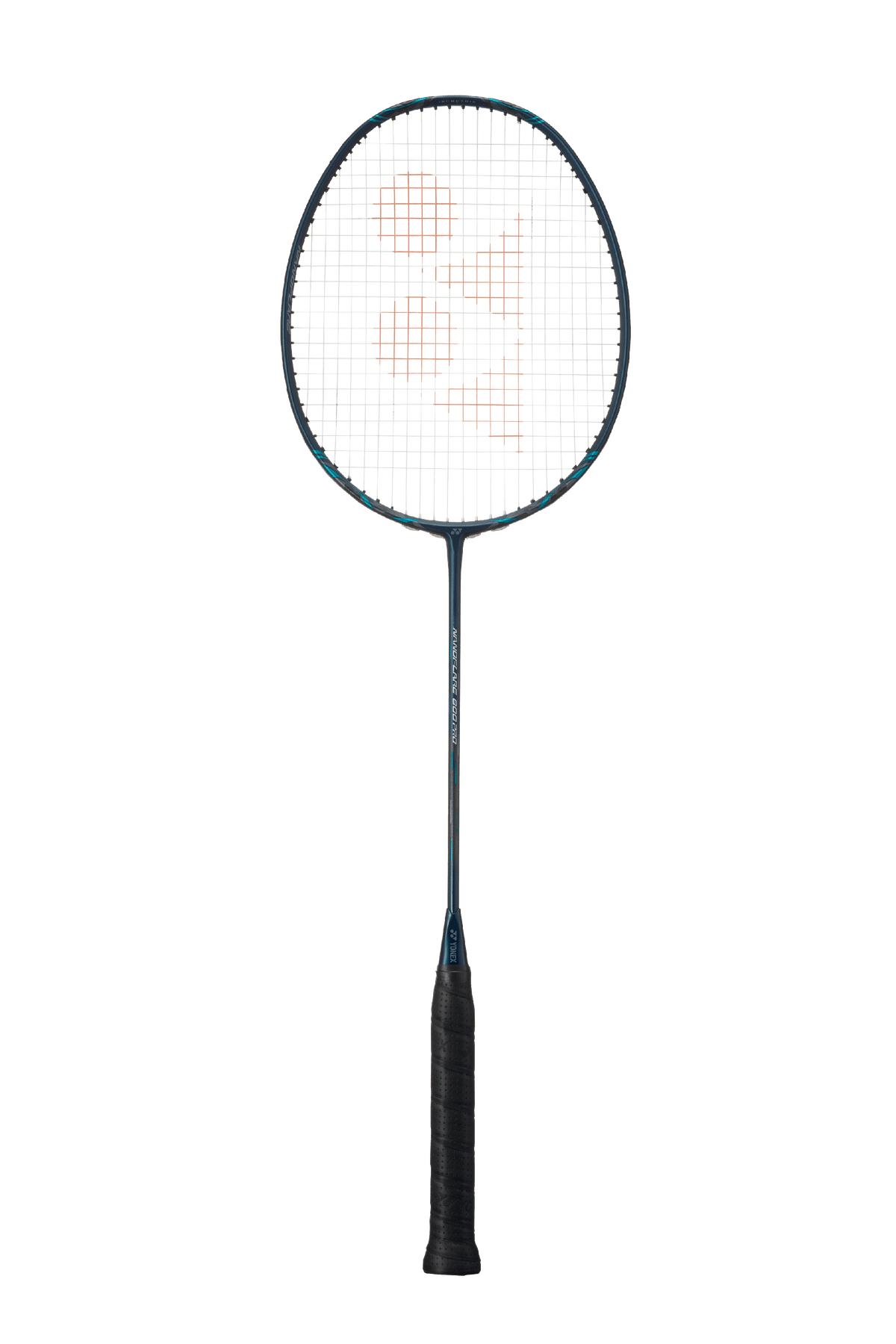 Yonex Nanoflare 800 Pro badminton racket with a dark blue frame, green-and-orange string pattern, and black grip