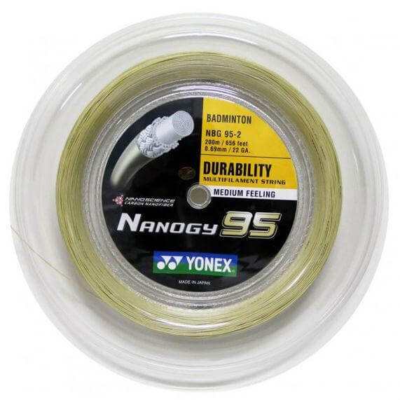 Yonex Nanogy 95 Badminton String in a gold-toned 200m reel, with clear spool and black-and-yellow product label