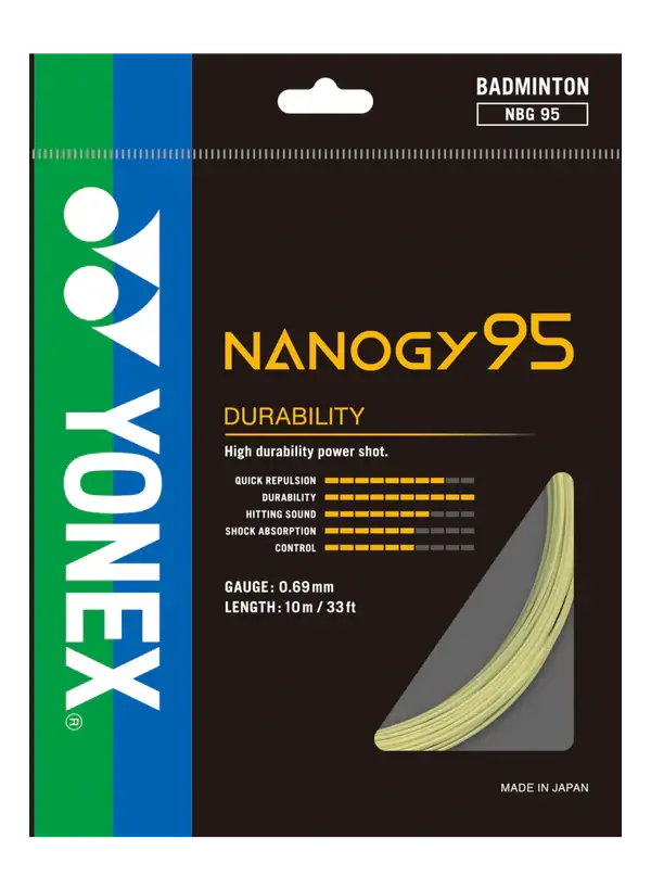 Yonex Nanogy 95 Badminton String in a black and green Yonex package, with a metallic gold string coil and durability details