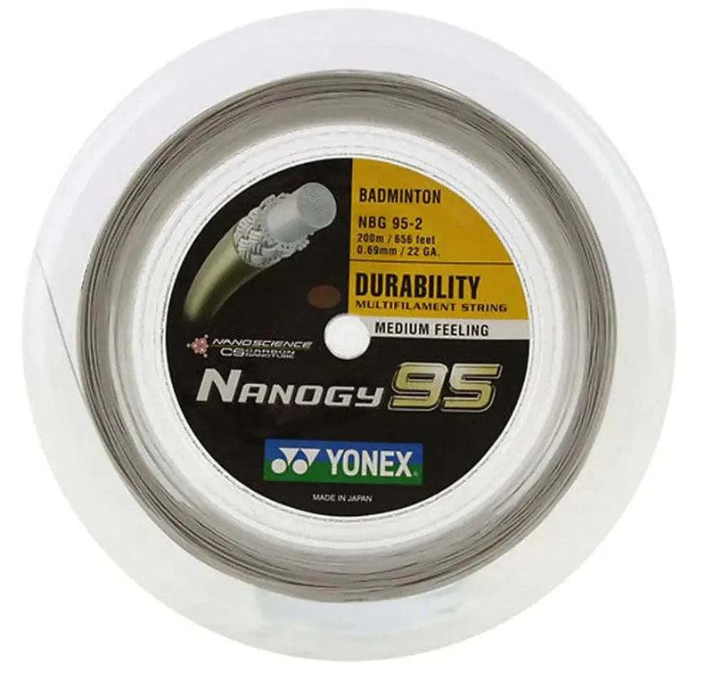 Yonex Nanogy 95 Badminton String reel with metallic silver-gray string and a black, gold and green product label
