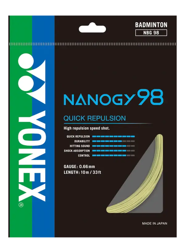 Yonex Nanogy 98 Badminton String in cosmic gold, shown as a thin curved string in black and blue packaging