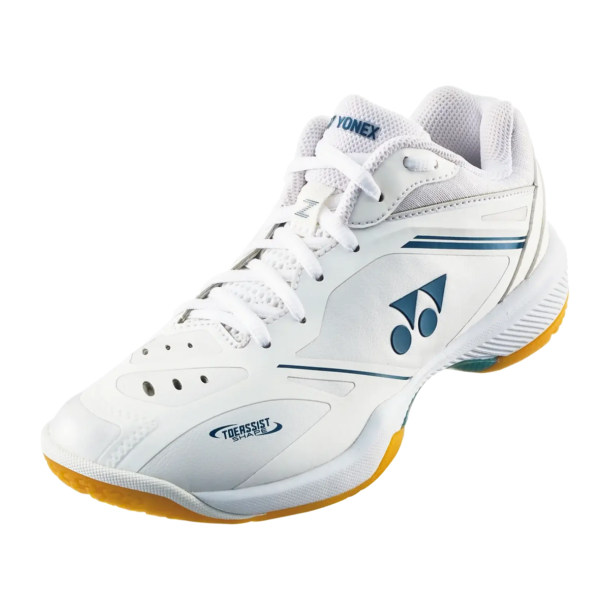 Yonex Power Cushion 65 Z4 LX badminton shoe in white synthetic leather with blue accents and a gum-yellow sole