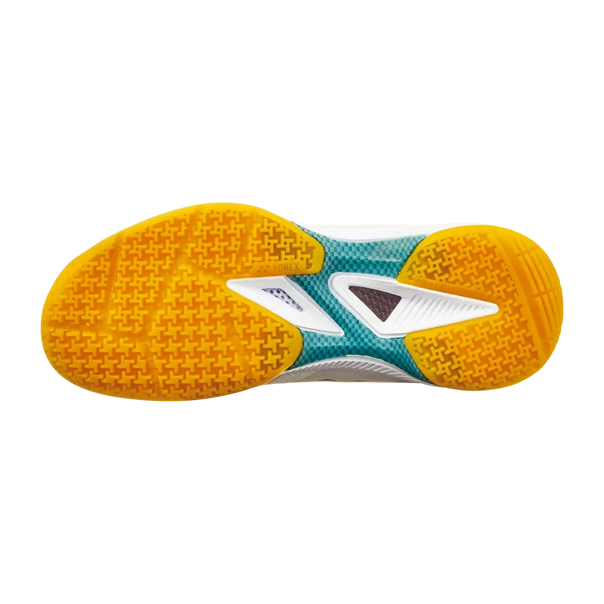 Yonex Power Cushion 65 Z4 LX badminton shoe outsole with bright yellow-orange grip pattern and teal, white, and gray midsole details