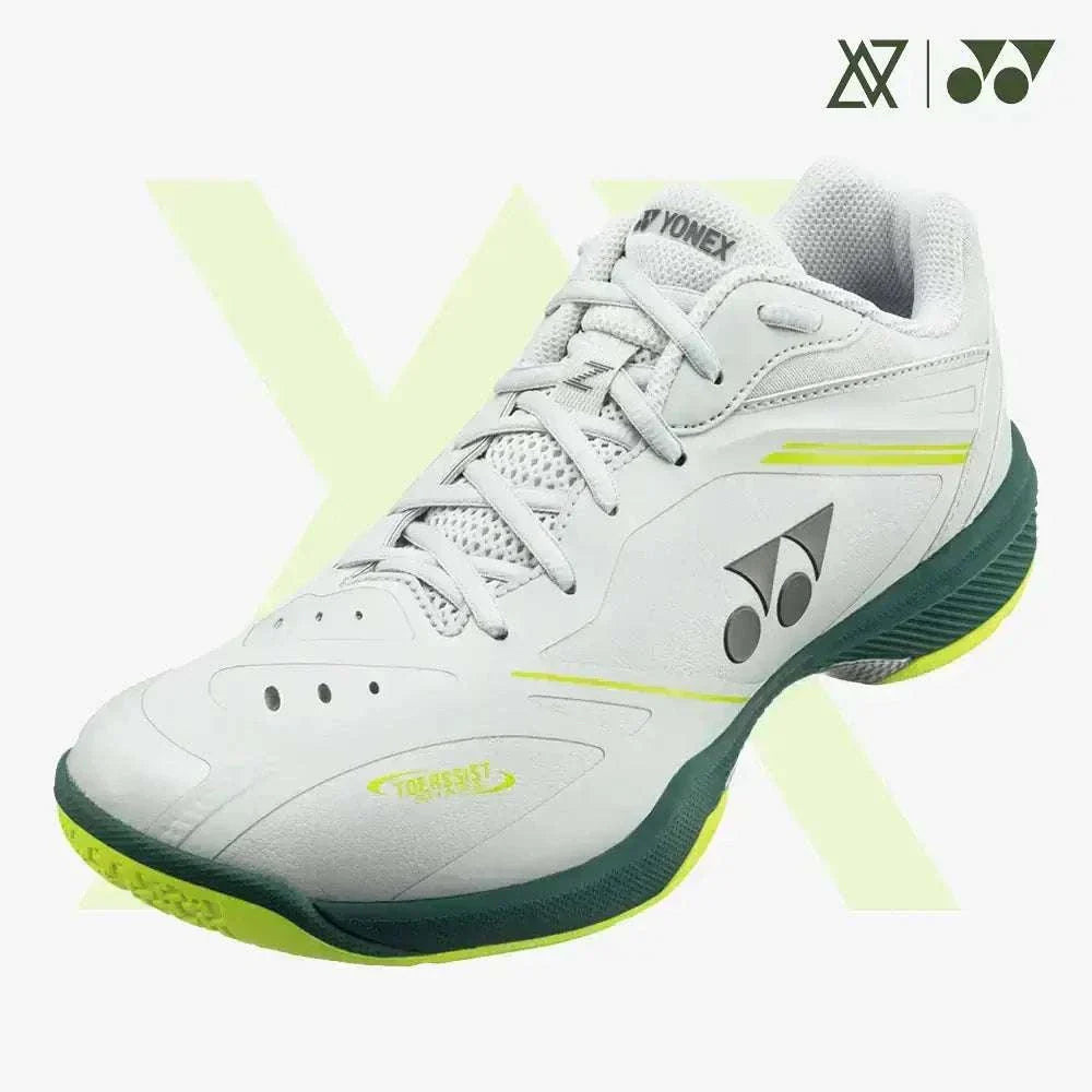 Yonex Power Cushion 65 Z4 badminton shoe in pale gray with mesh panels, neon yellow accents and dark green sole